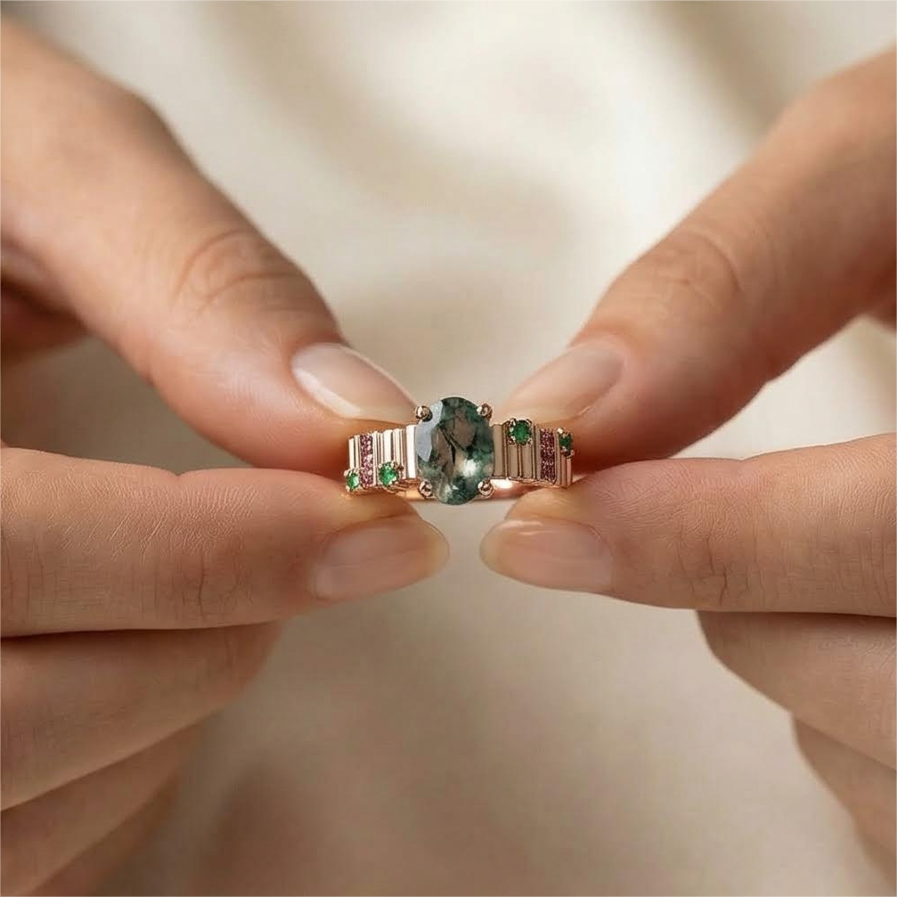 Unique Oval Moss Agate with Red and Green Sapphire Irregular Rose Gold Ring