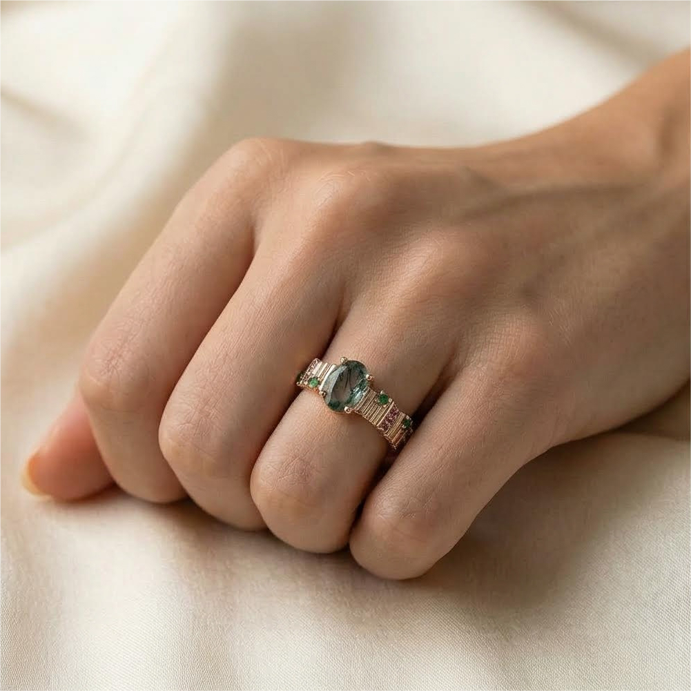 Unique Oval Moss Agate with Red and Green Sapphire Irregular Rose Gold Ring