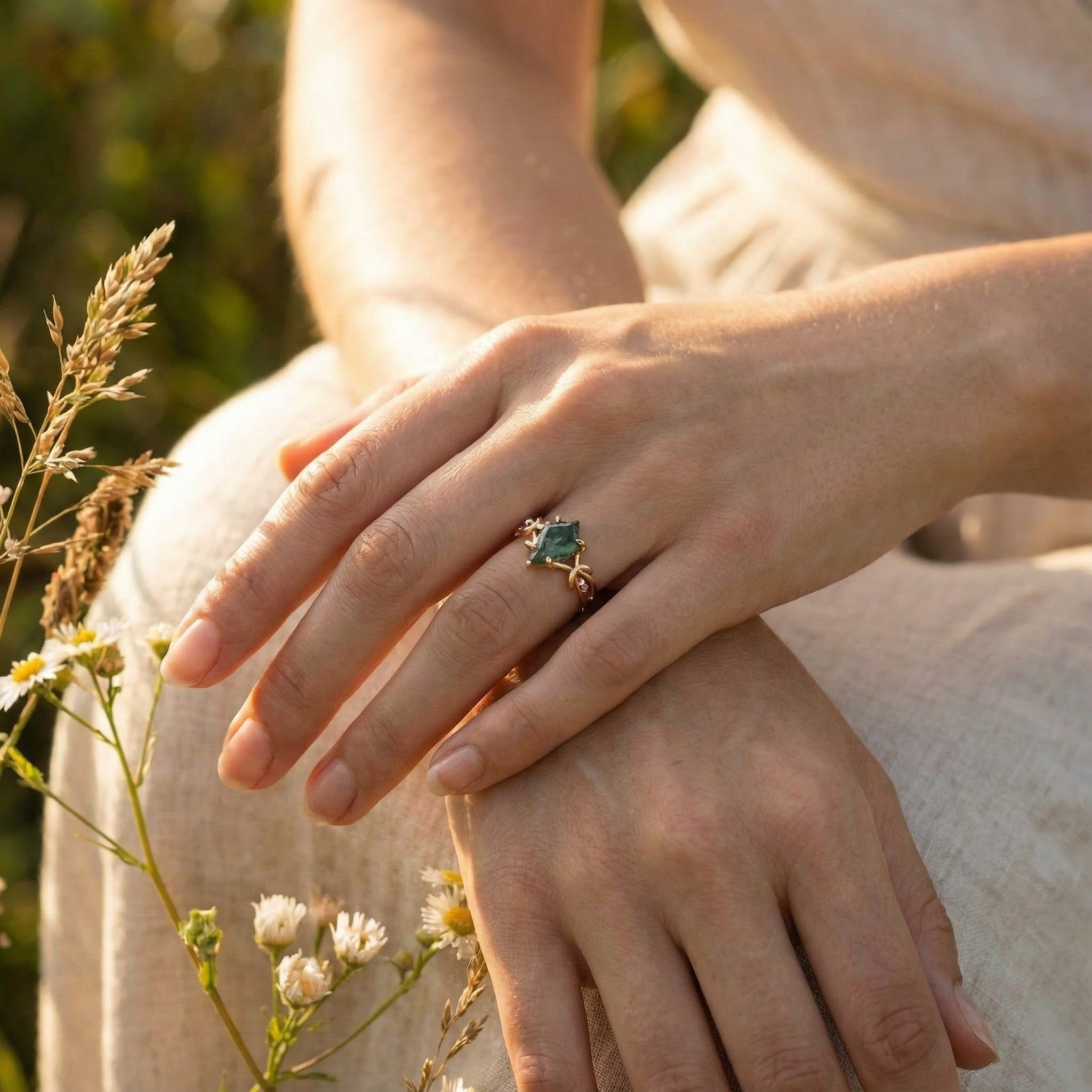 Kite Moss Agate Leaf Engagement Ring Rose Gold Handmade Jewelry Floral Engagement Ring