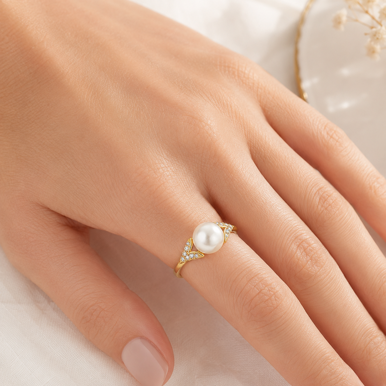 Pearl Ring in Gold with Moissanite Accent Stones