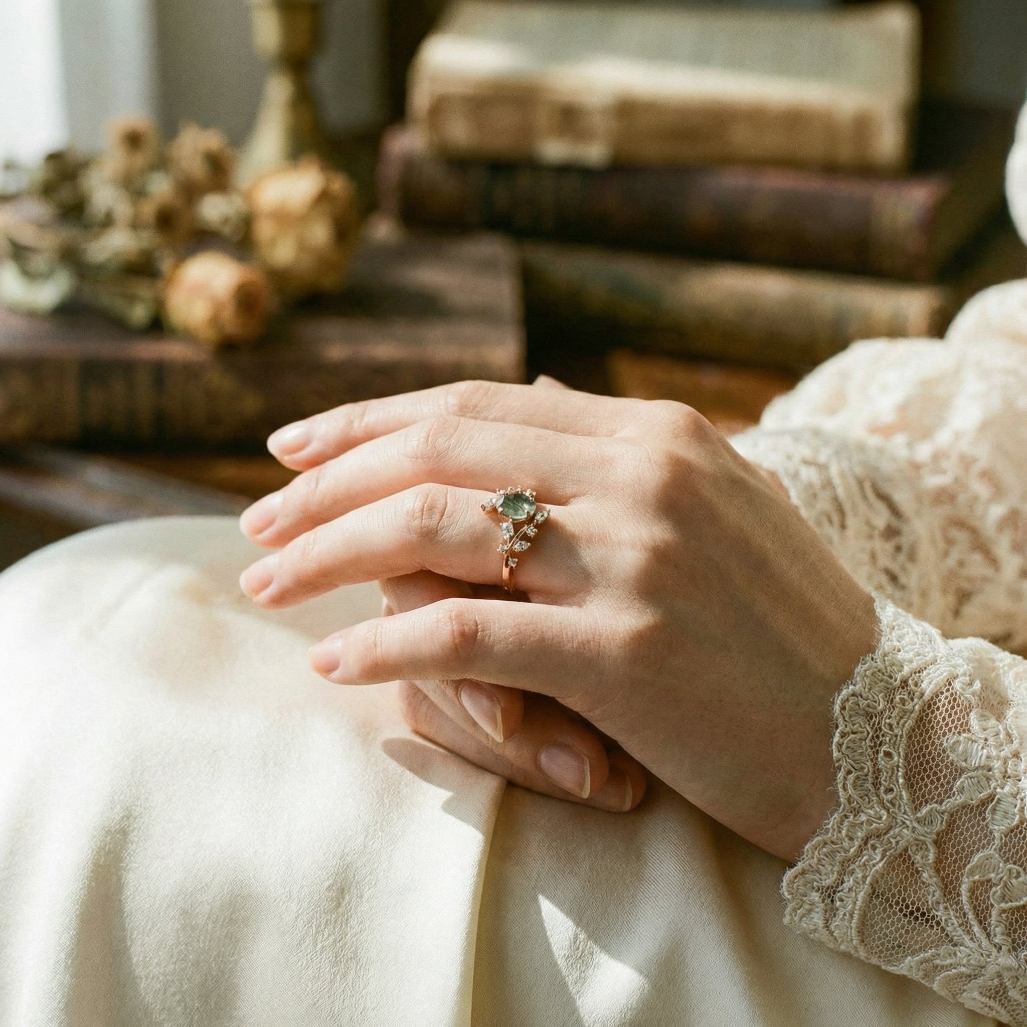 Oval Moss Agate Leaf Ring.