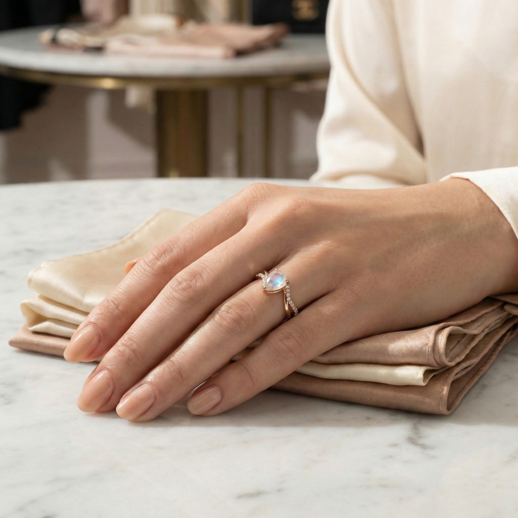 Lifestyle view of Pear Moonstone Engagement Ring in Gold