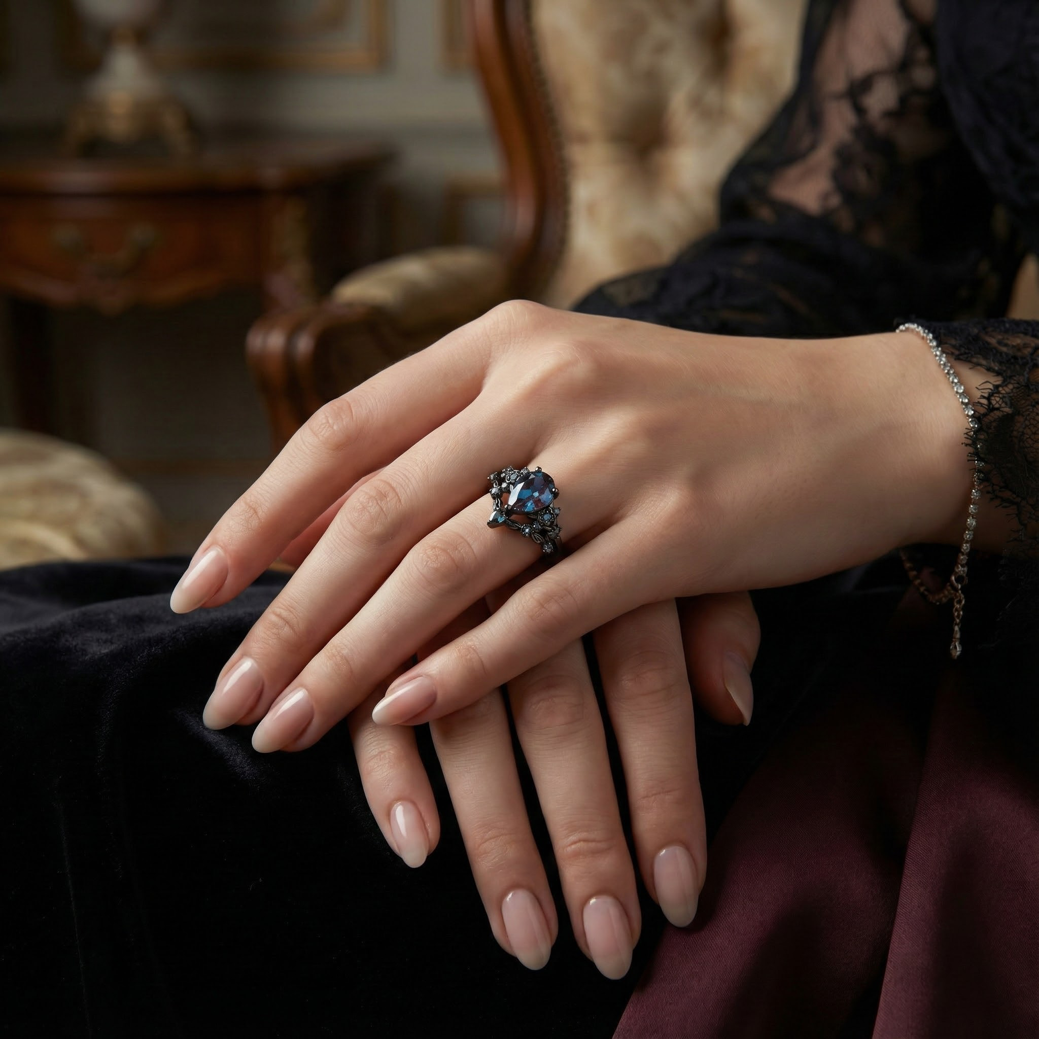 Botanical Elegance -Pear Cut Lab Alexandrite Black Gold Engagement Ring Set Floral Ring