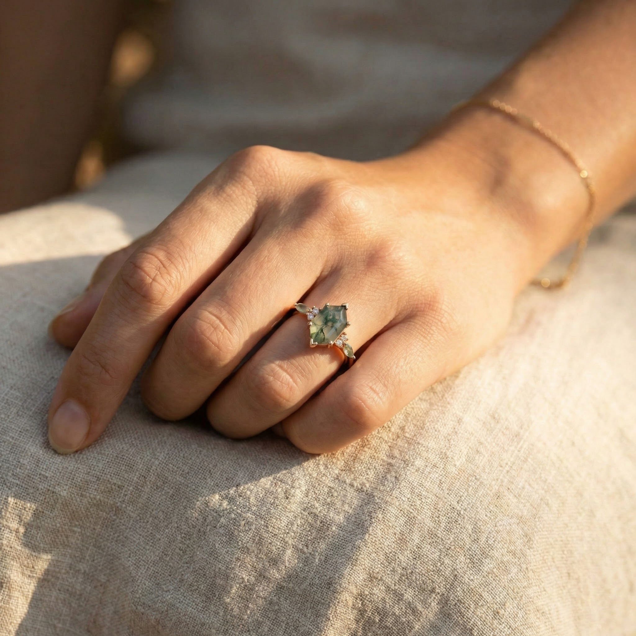 Unique Ring with Hexagonal Moss Agate stone - Statement accessory for any occasion