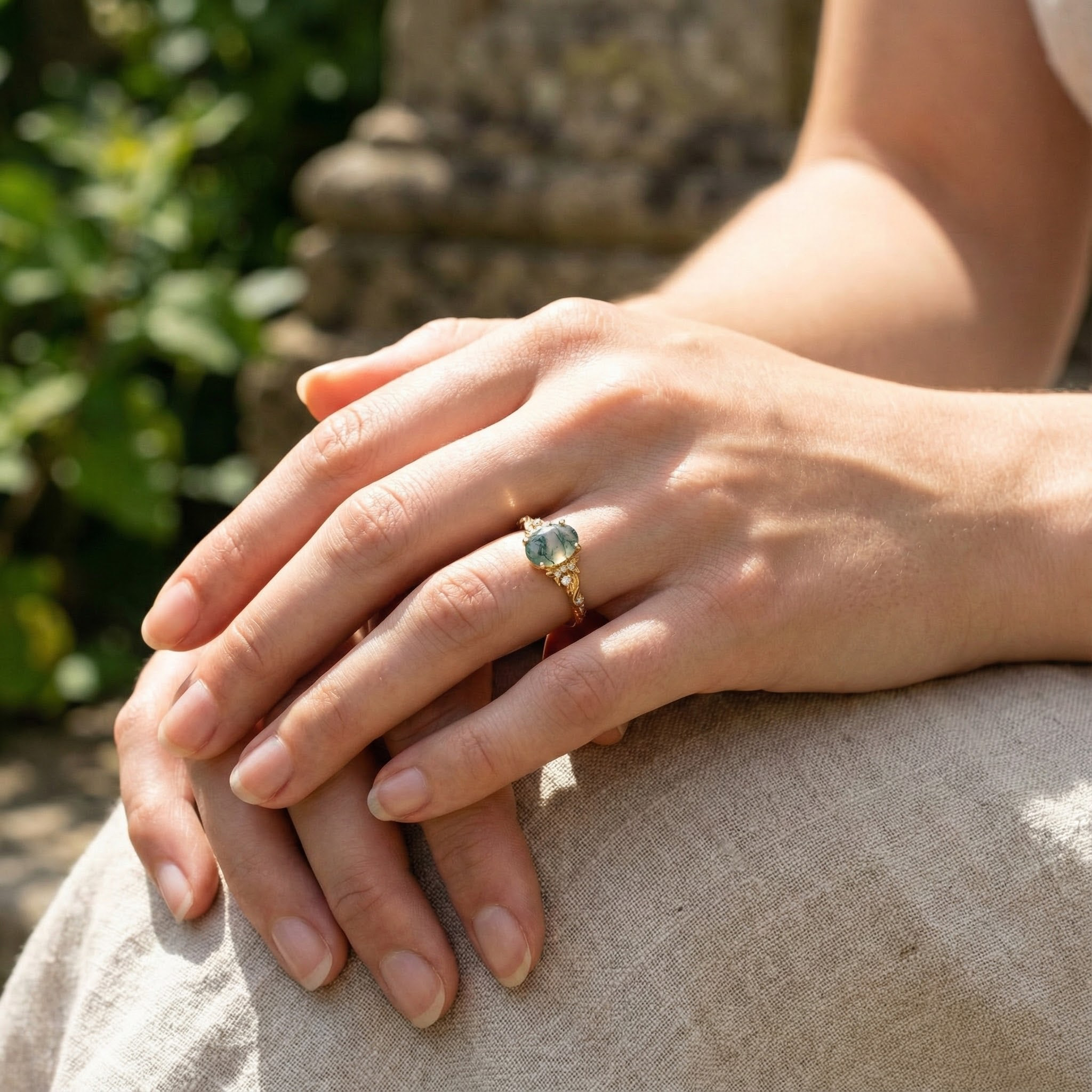 Oval Moss Agate Ring with Nature Inspired Leaf Design in Yellow Gold - Handcrafted Artisan Jewelry