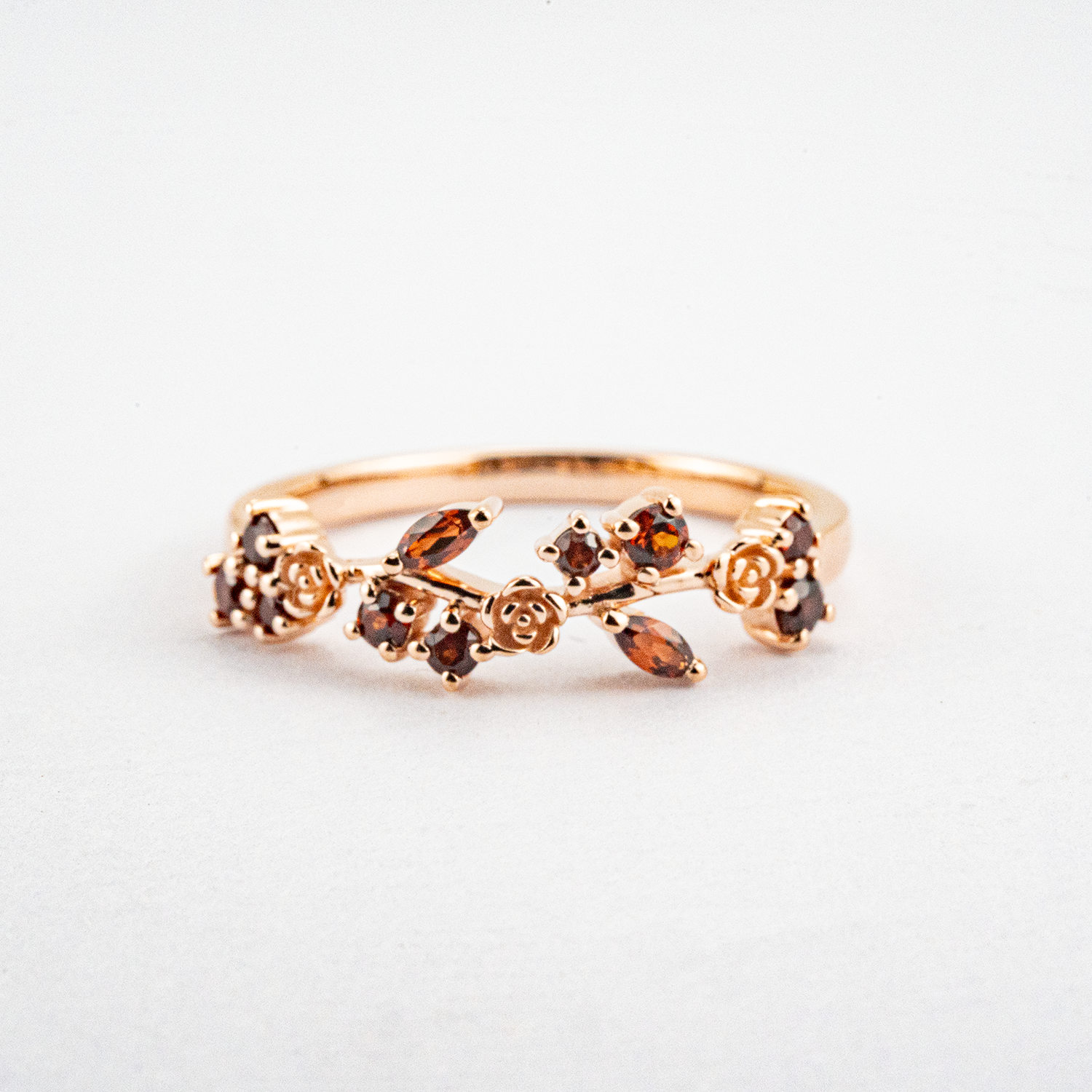 Botanical Elegance - Garnet Rose Gold Leaf Ring Floarl Ring Nature-Inspired Design Engagement Ring