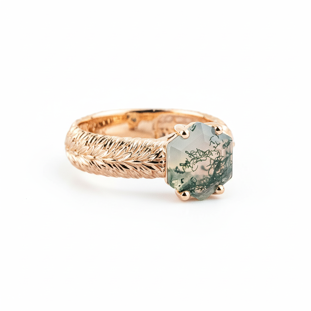 Product view of Hexagon Moss Agate Ring in Rose Gold