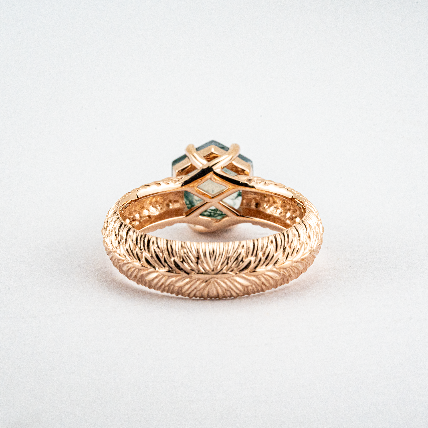 Botanical Elegance - Hexagonal Moss Agate Leaf Texture Ring Rose Gold Engagement Ring
