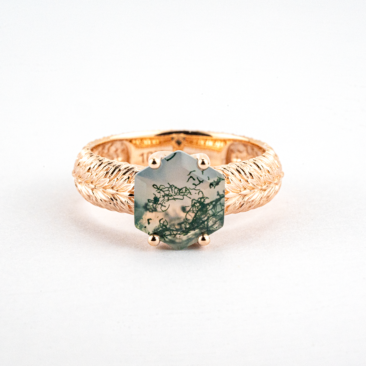 Botanical Elegance - Hexagonal Moss Agate Leaf Texture Ring Rose Gold Engagement Ring