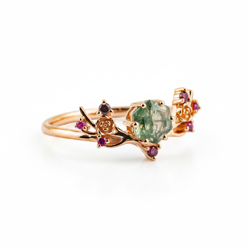 Lifestyle view of Hexagon Moss Agate Ring in Gold