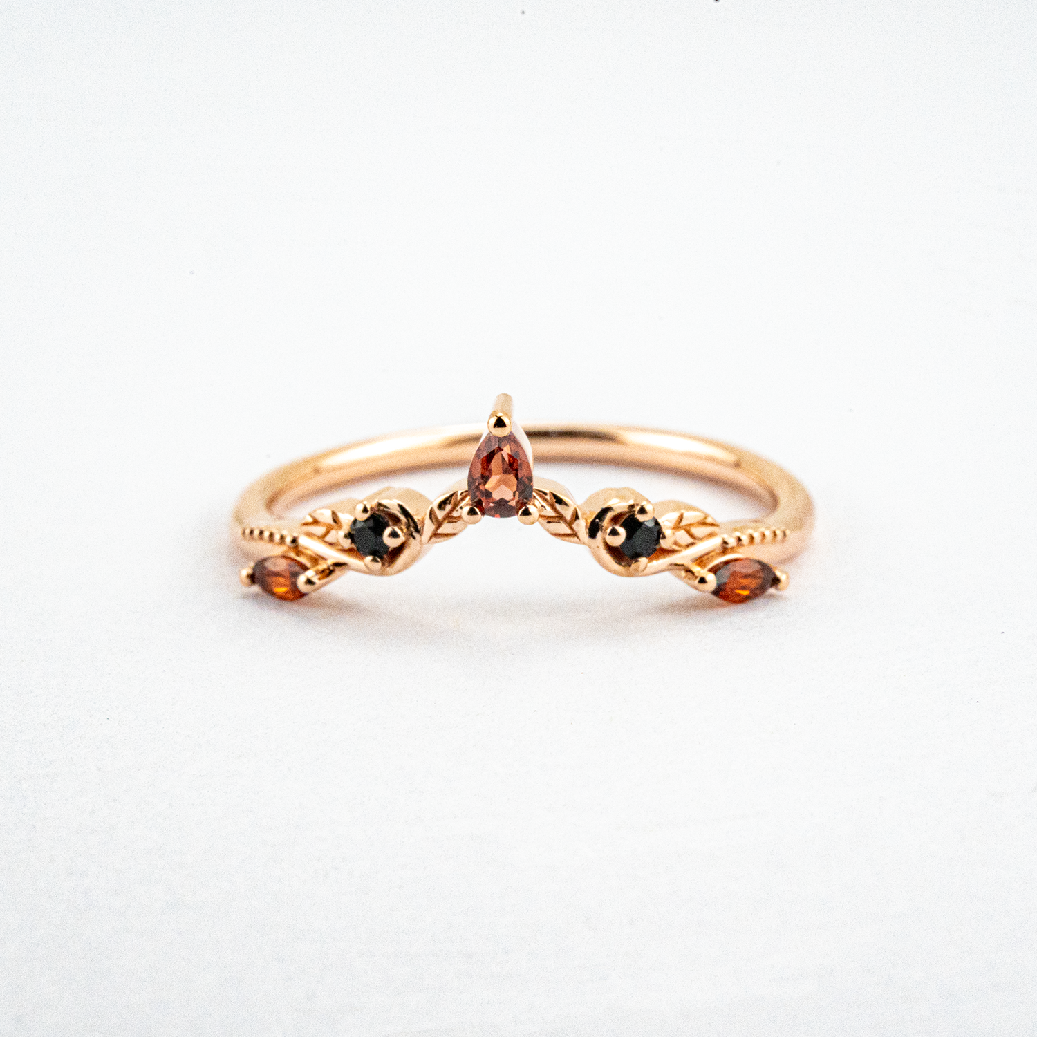 Botanical Elegance - Hexagonal Moss Agate and Garnet Leaf Ring Floarl Engagement Ring