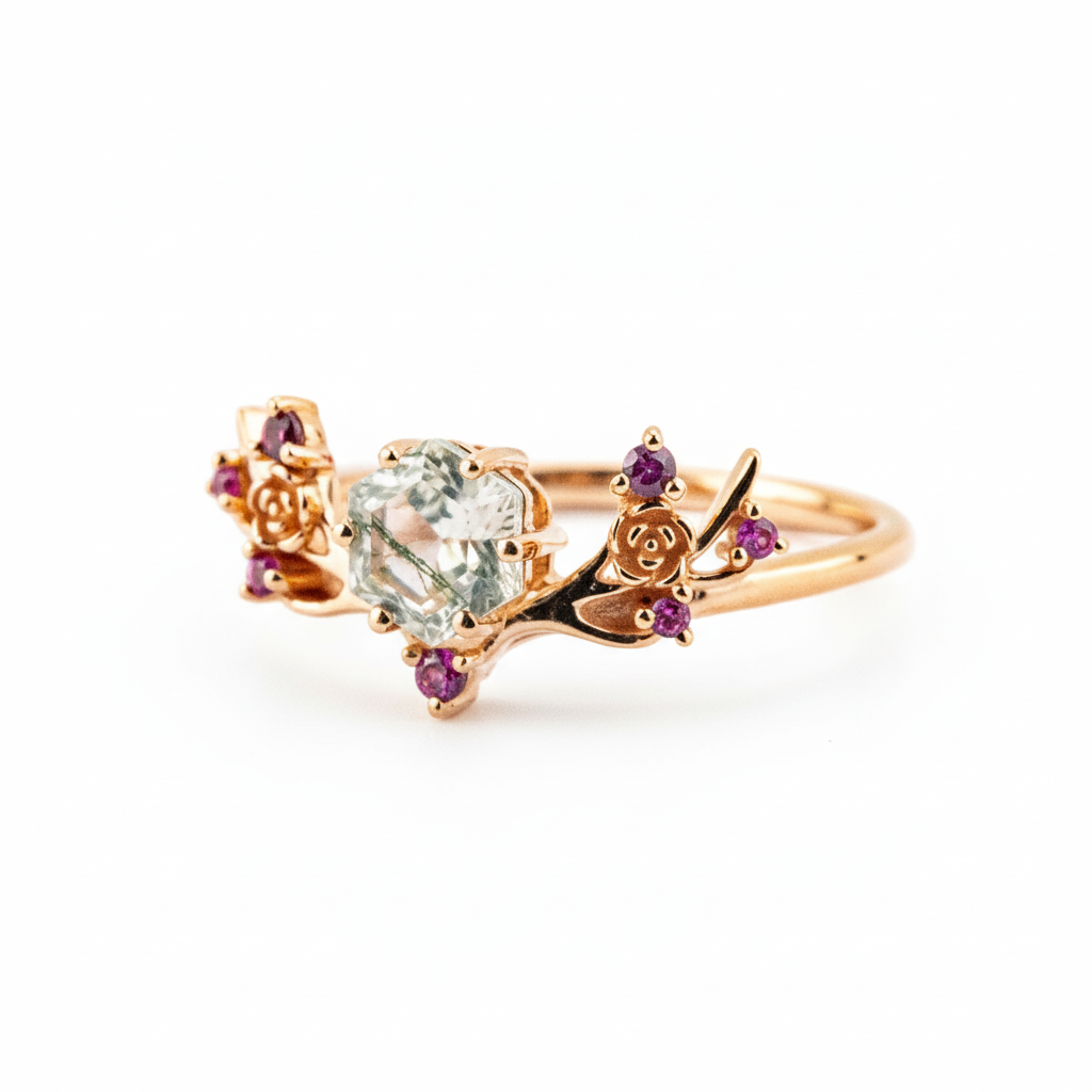 Product view of Hexagon Moss Agate Ring in Gold