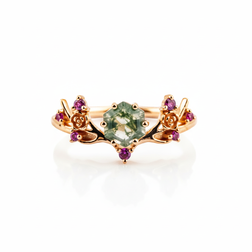 Product view of Hexagon Moss Agate Ring Set in Gold