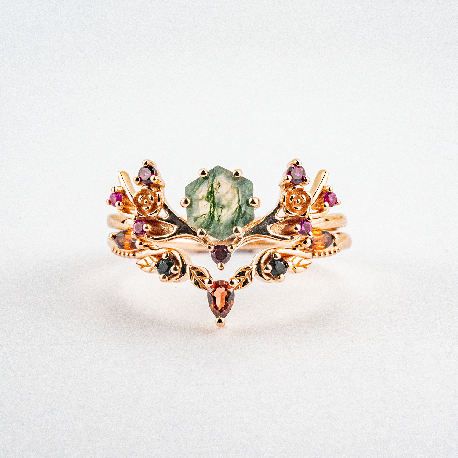Botanical Elegance - Hexagonal Moss Agate and Garnet Leaf Ring Set Floarl Ring Set