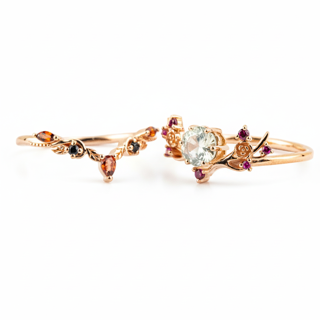 Product view of Hexagon Moss Agate Ring Set in Gold