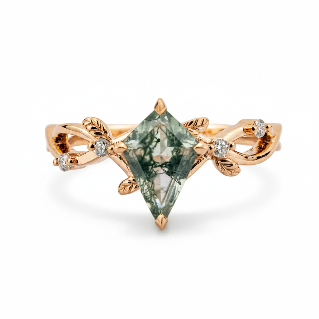 Front view of Kite Cut Moss Agate Ring in Rose Gold