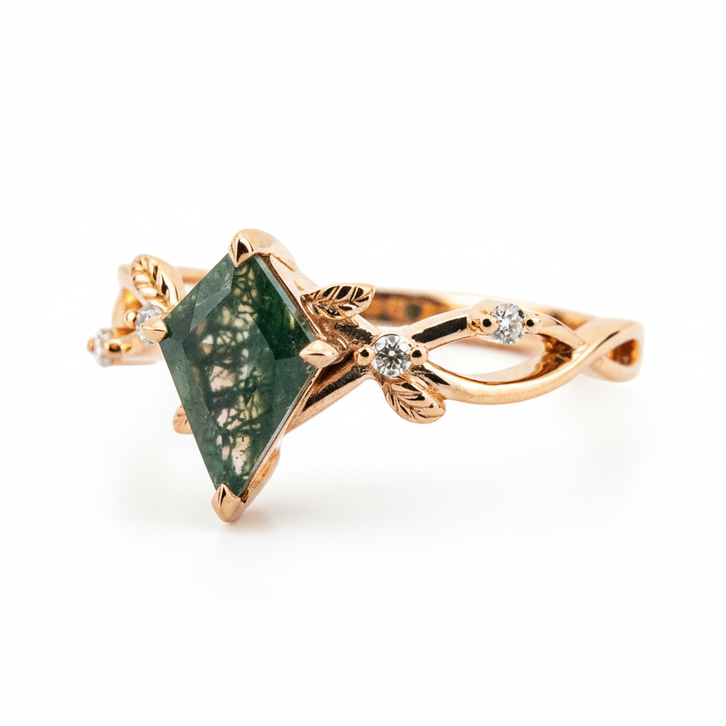 Product view of Kite Cut Moss Agate Ring in Rose Gold
