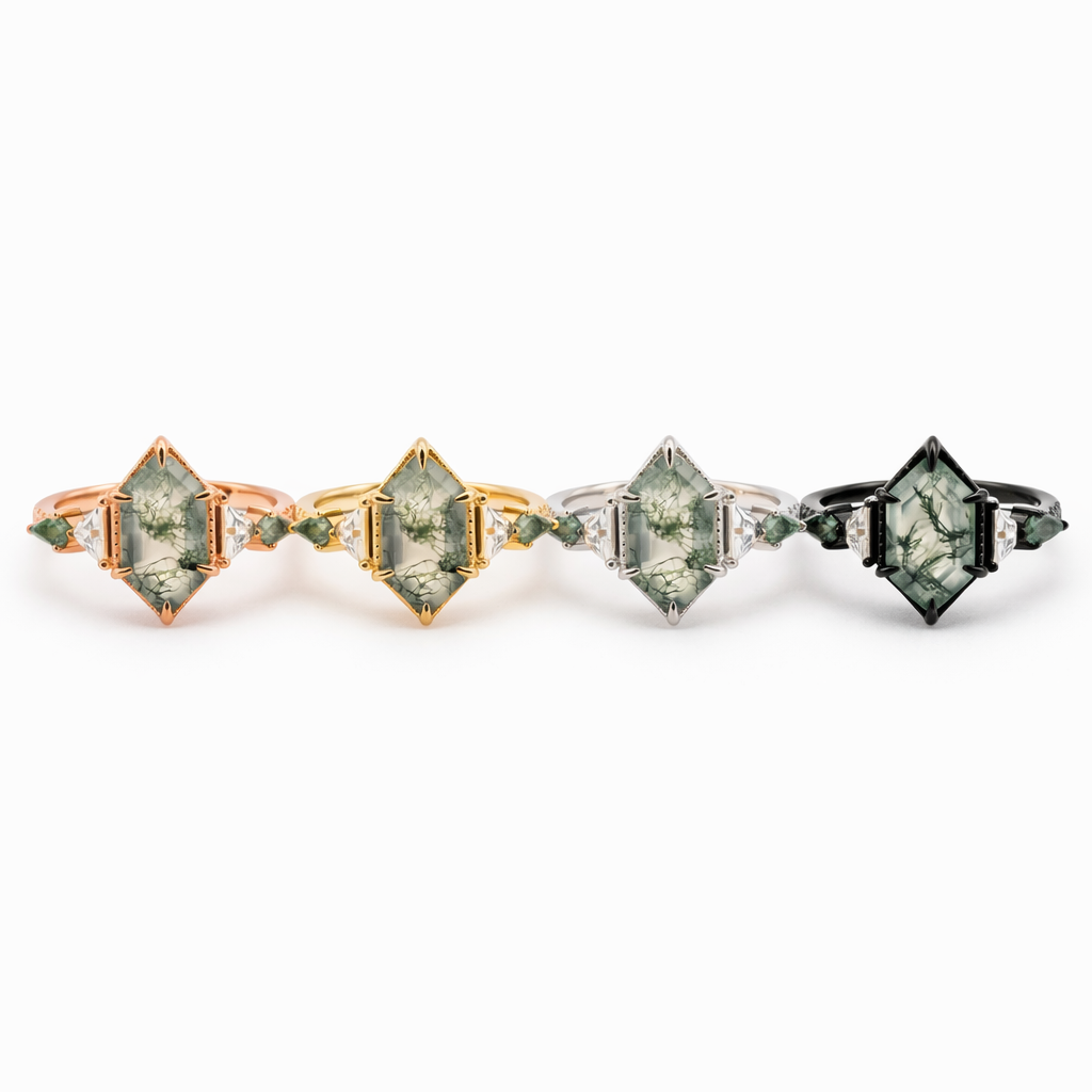 Lifestyle view of Long Hexagon Moss Agate Engagement Ring in Gold