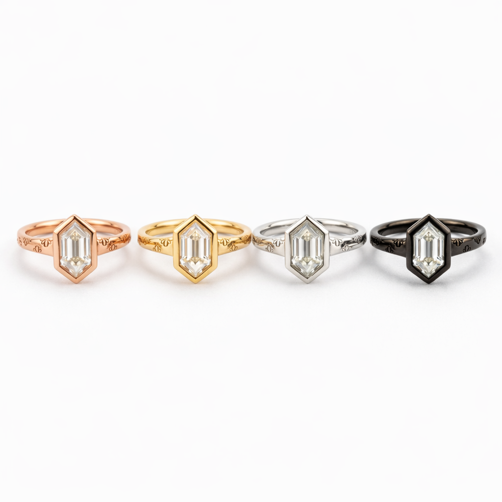 Lifestyle view of Long Hexagon Moissanite Engagement Ring in Gold