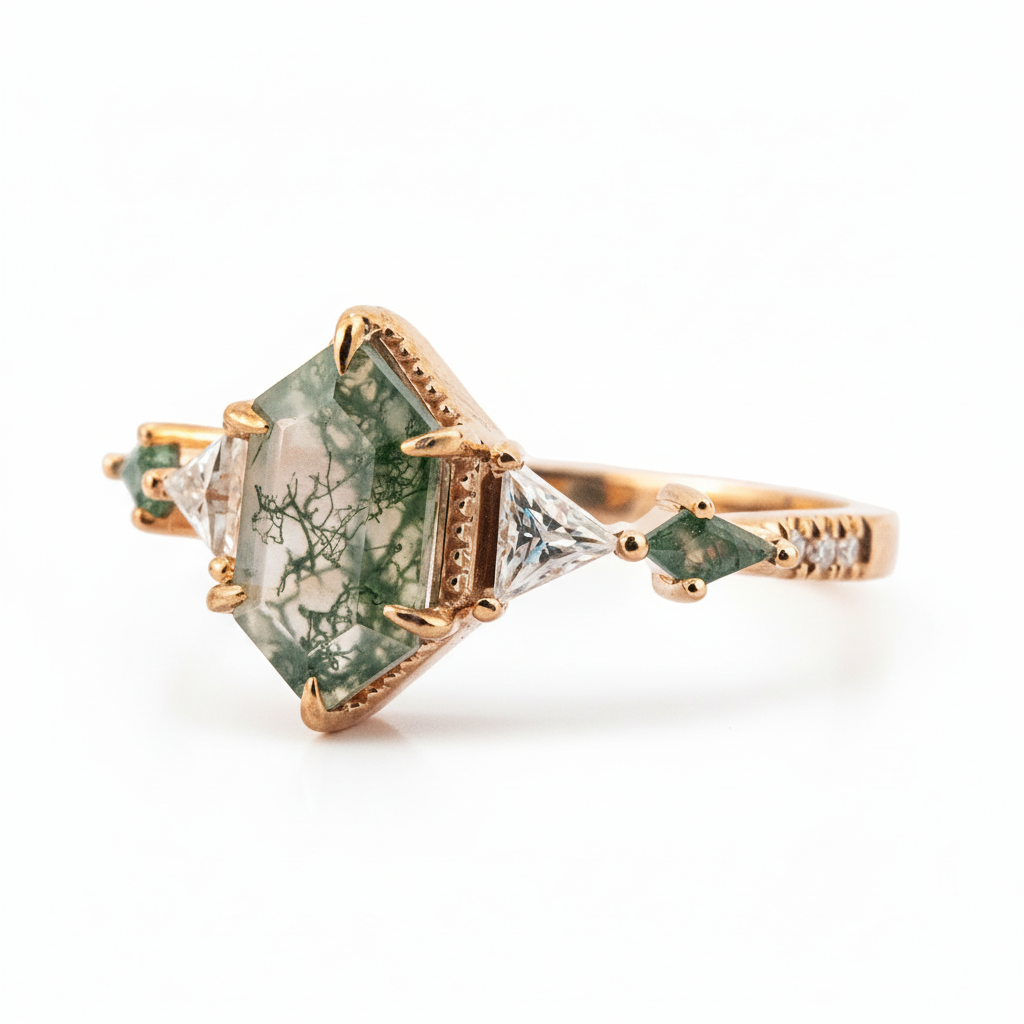 Product view of Long Hexagon Moss Agate Engagement Ring in Gold