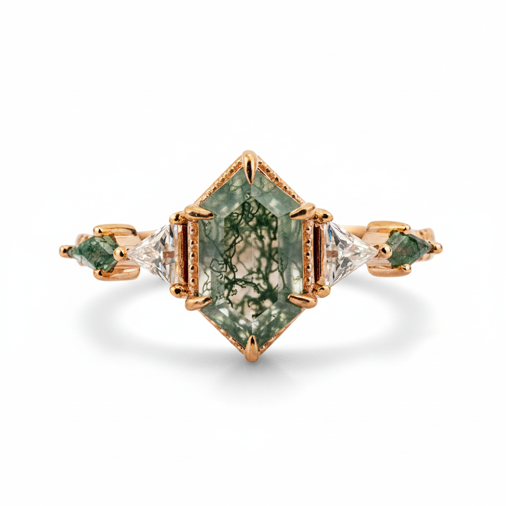 Front view of Long Hexagon Moss Agate Engagement Ring in Gold