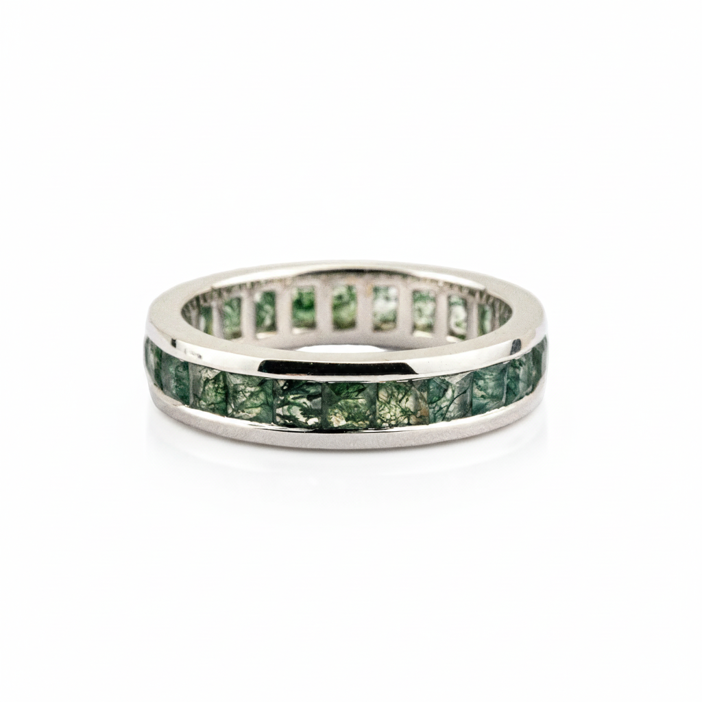 Product view of Moss Agate Wedding Band in White Gold
