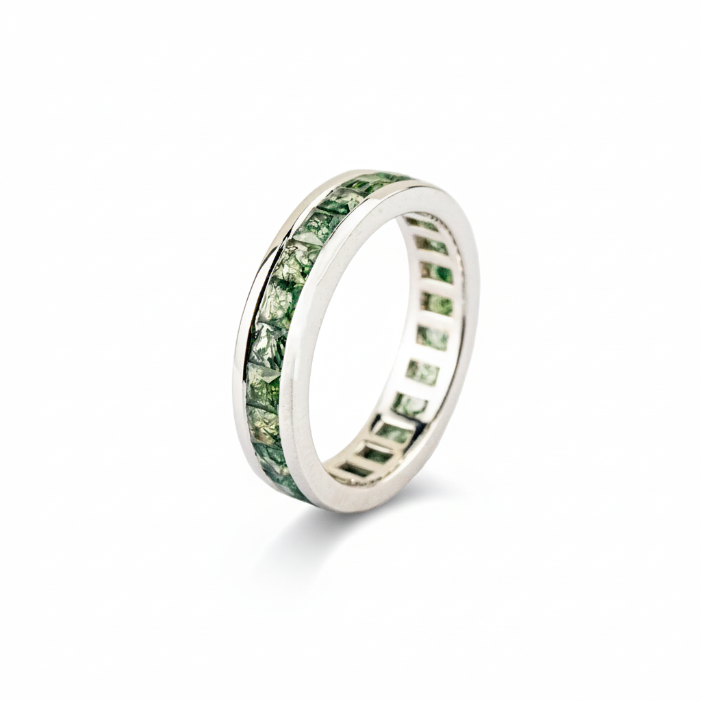 Product view of Moss Agate Wedding Band in White Gold