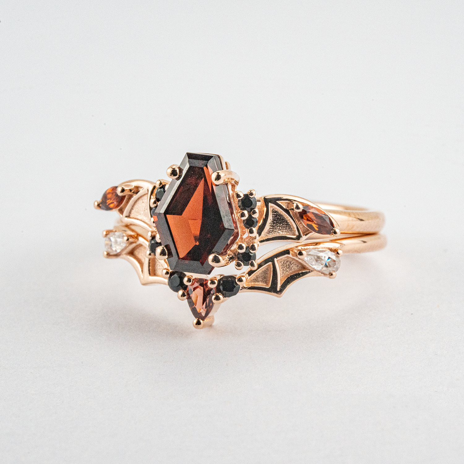 Coffin Garnet with Black Onyx Rose Gold Statement Ring Set Special Engagement Ring