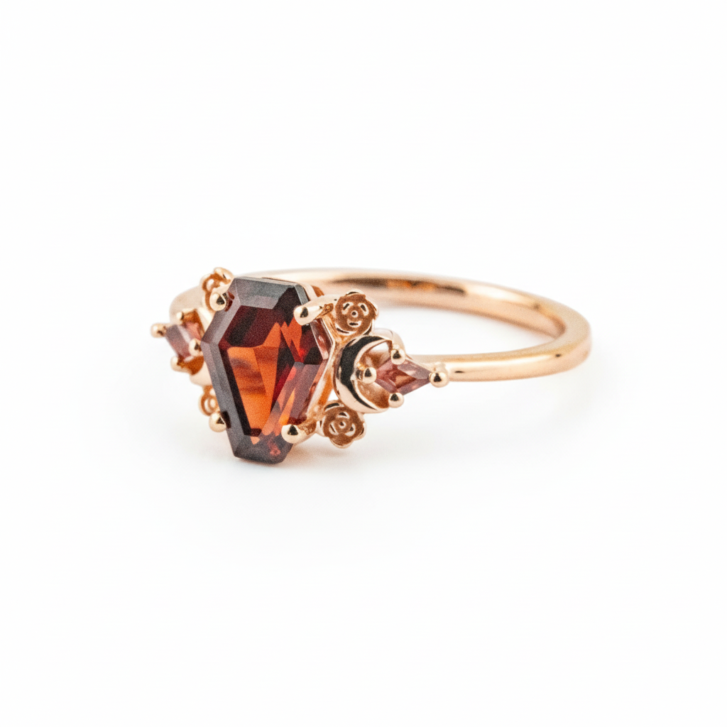 Coffin Shaped Garnet Rose Gold Fashion Ring Special Engagement Ring Three Stone Ring