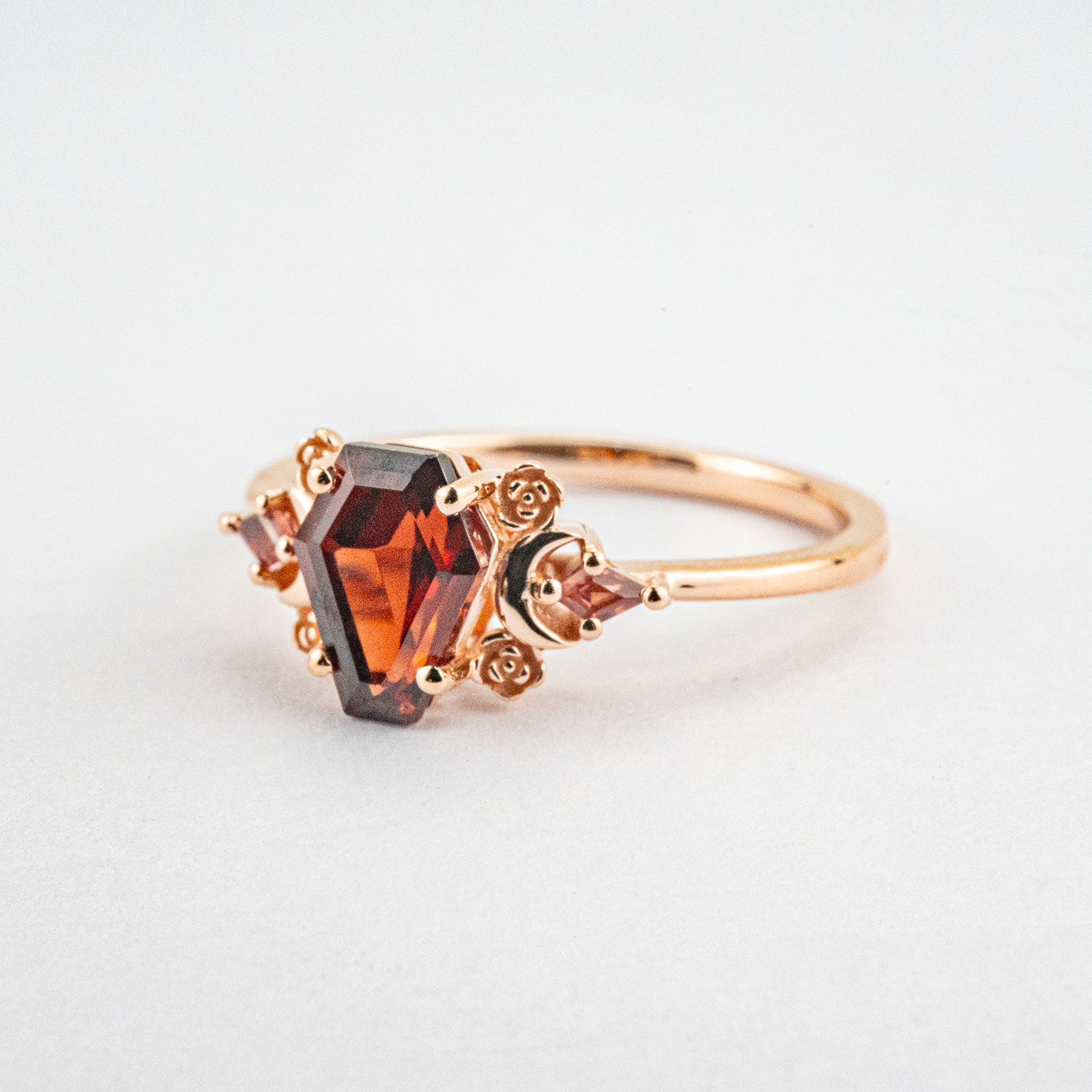 Coffin Shaped Garnet Rose Gold Fashion Ring Special Engagement Ring Three Stone Ring