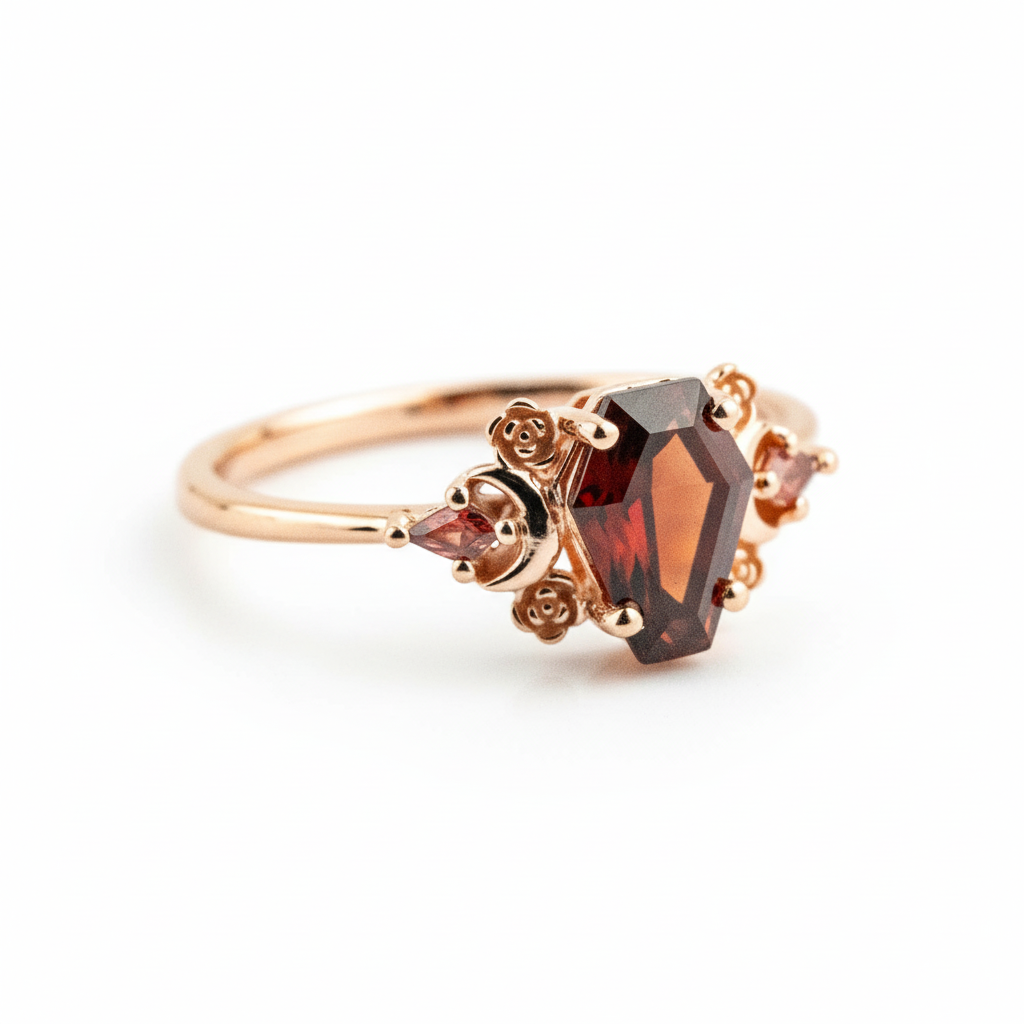 Coffin Shaped Garnet Rose Gold Fashion Ring Special Engagement Ring Three Stone Ring