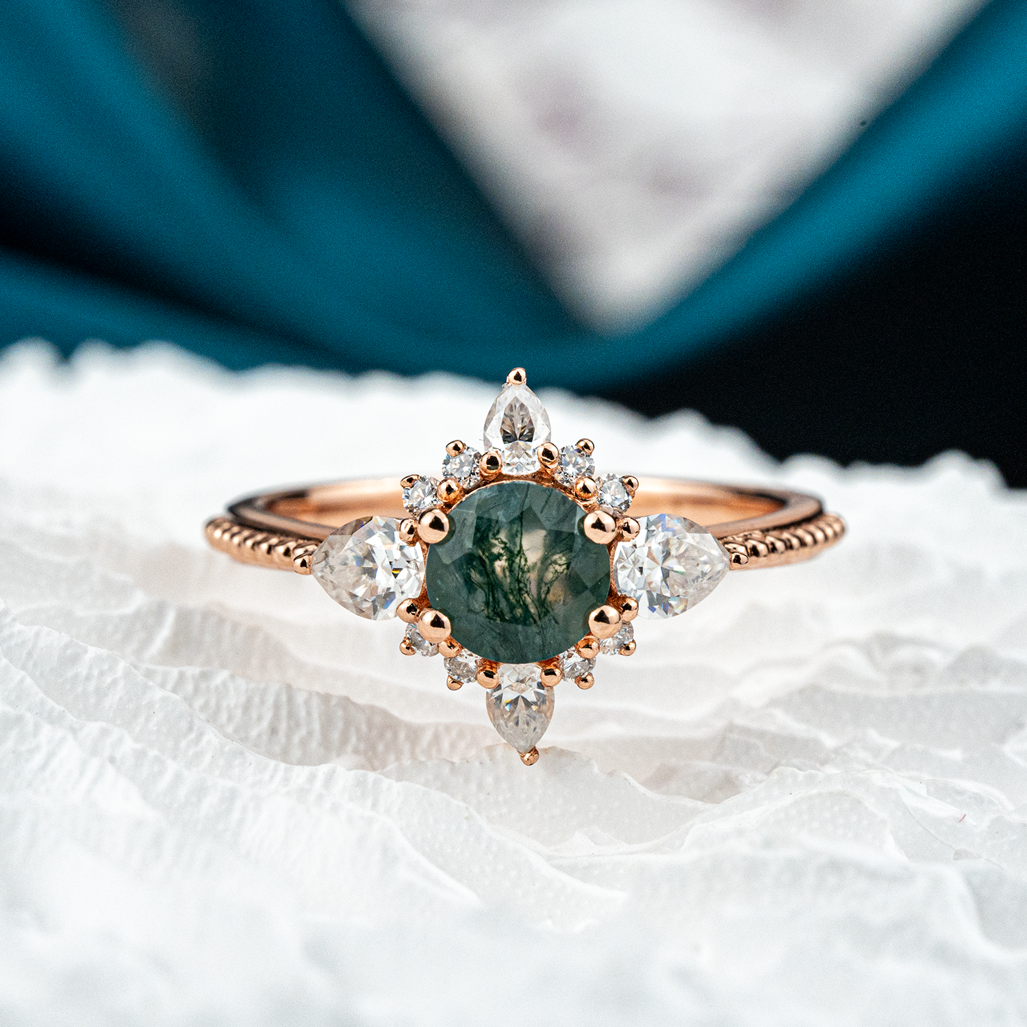 Handcrafted ring design with stunning moss agate and moissanite