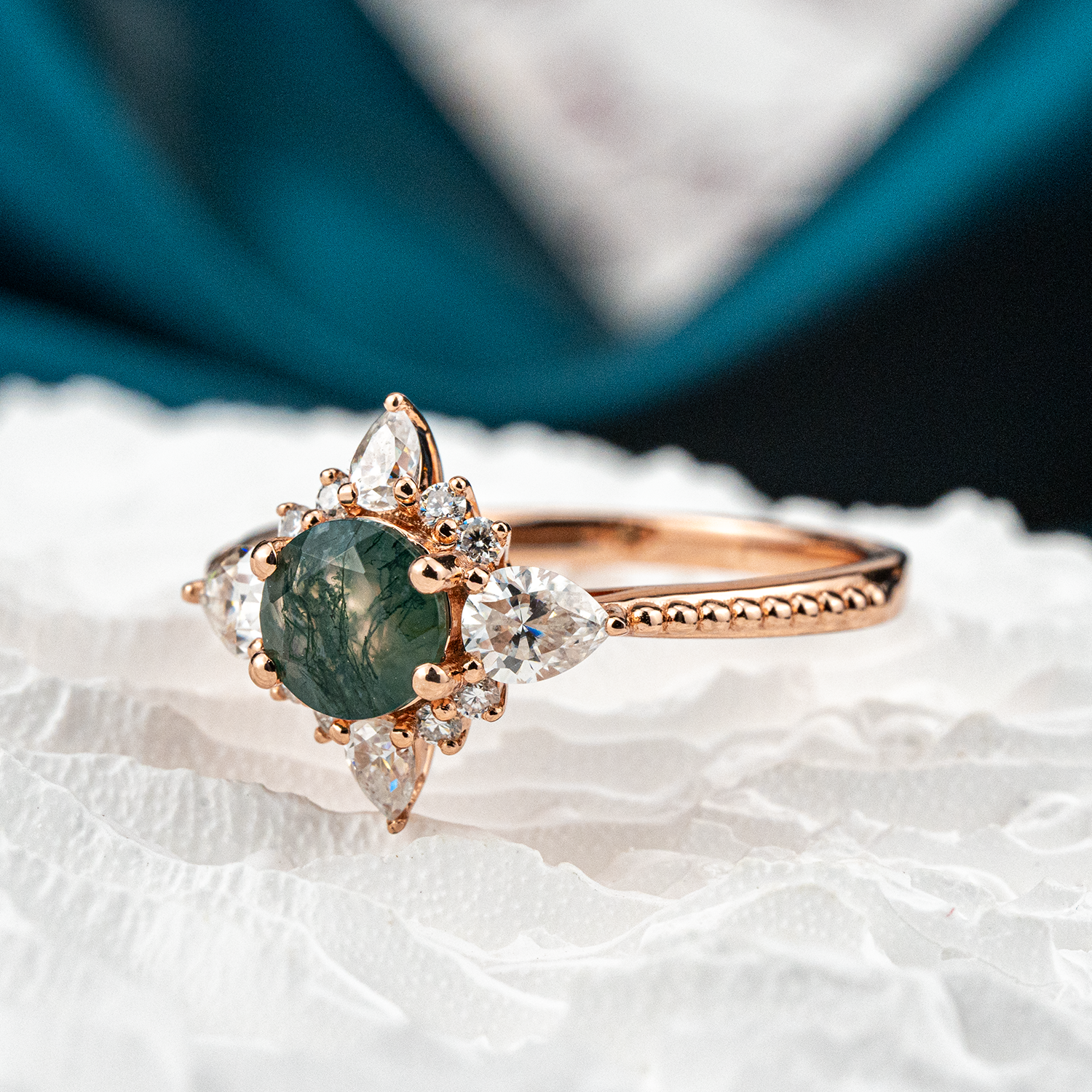 Handcrafted ring design with stunning moss agate and moissanite