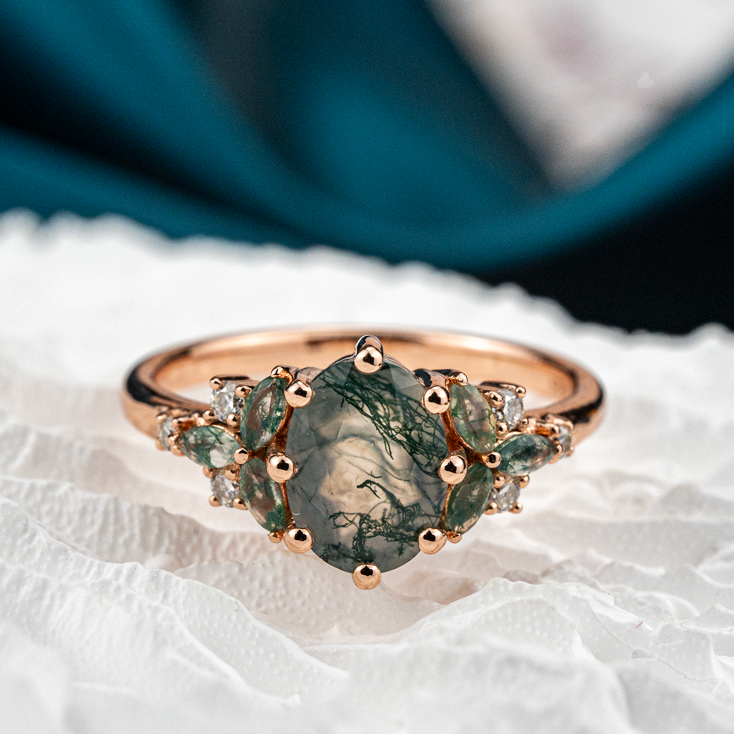 Oval Moss Agate and Moissanite Ring