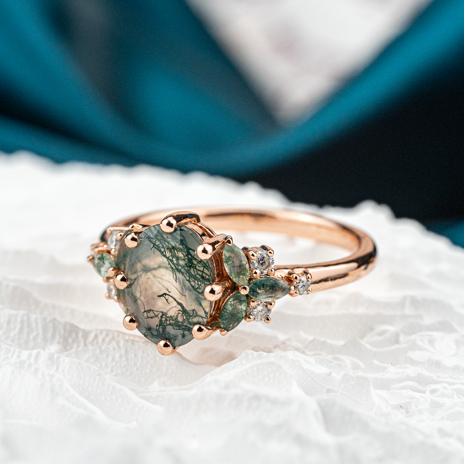 Oval Moss Agate and Moissanite Ring