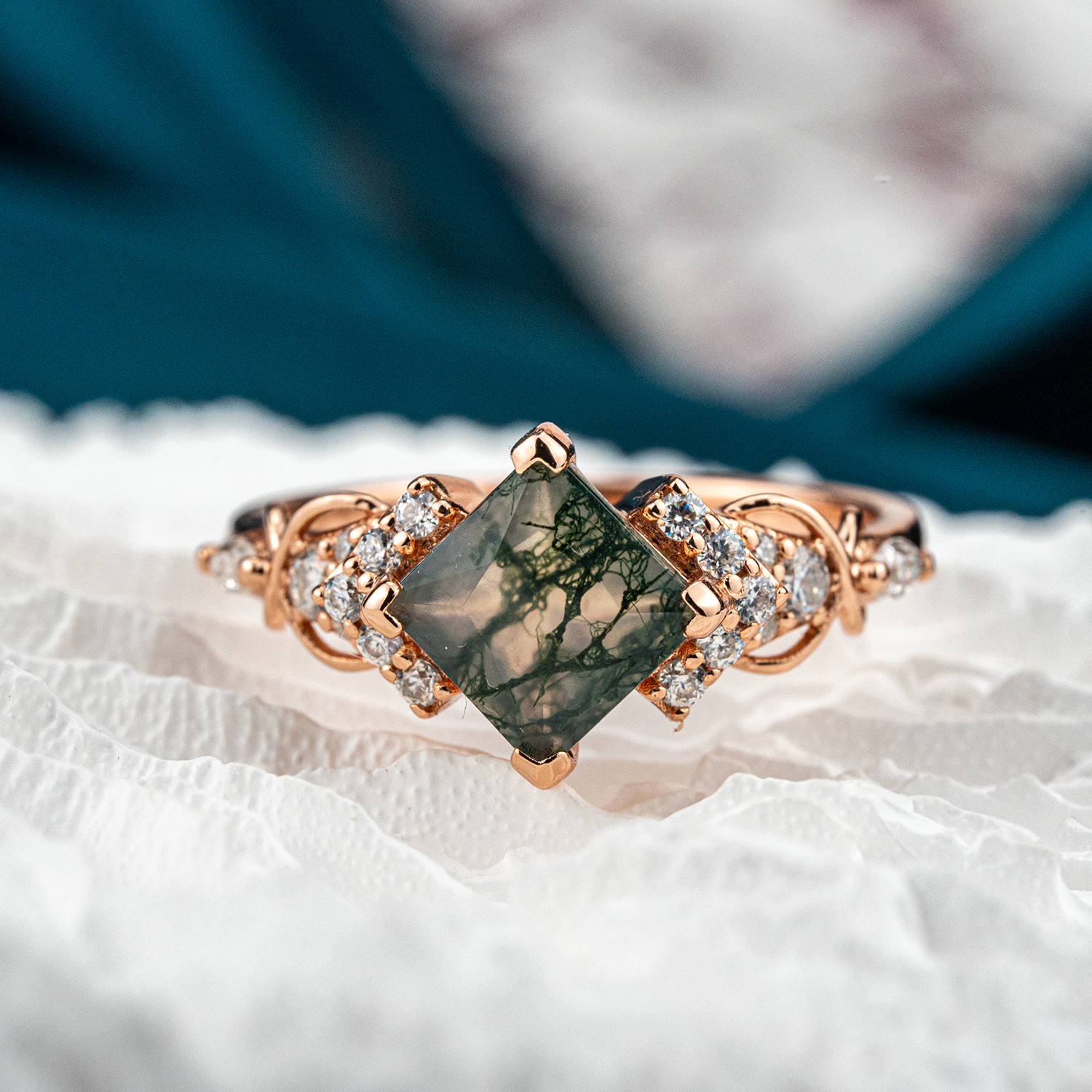 Princess Moss Agate Engagement Ring with Moissanite
