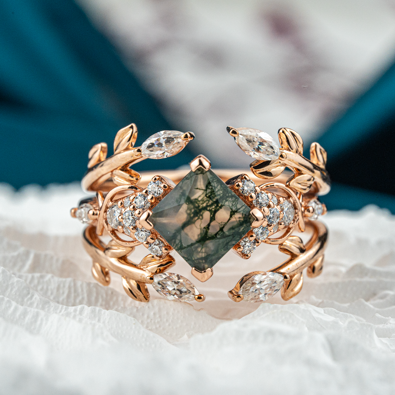 Luxurious Princess Moss Agate Leaf Ring Set with Moissanite