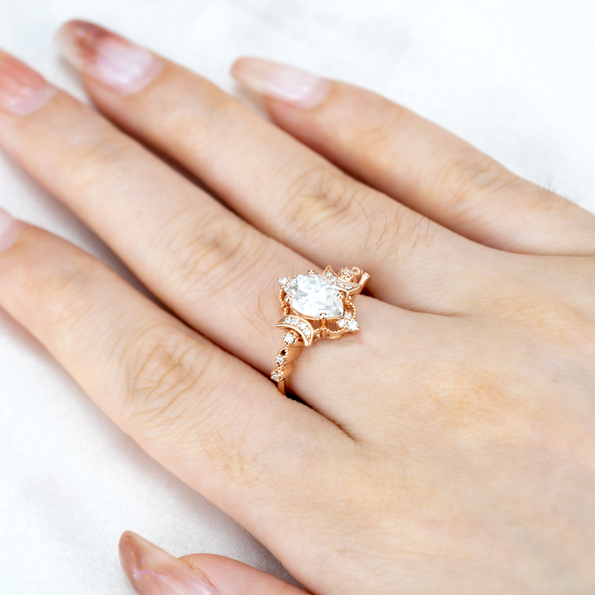 Pear Moissanite Crescent Moon Engagement Ring.