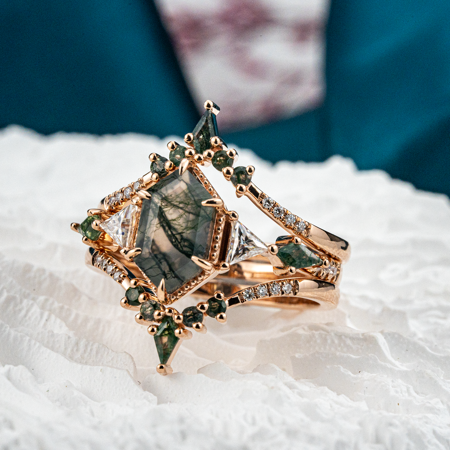 Handcrafted Long hexagonal moss agate Ring Set, perfect as a statement piece