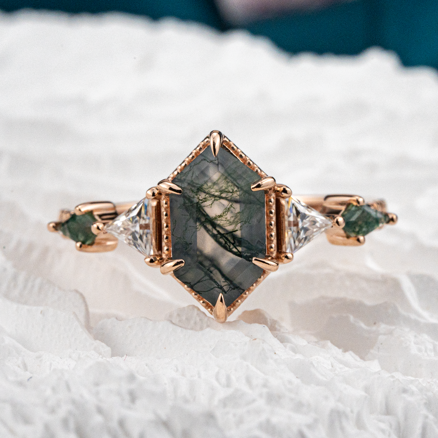 Handcrafted Long hexagonal moss agate Ring Set, perfect as a statement piece