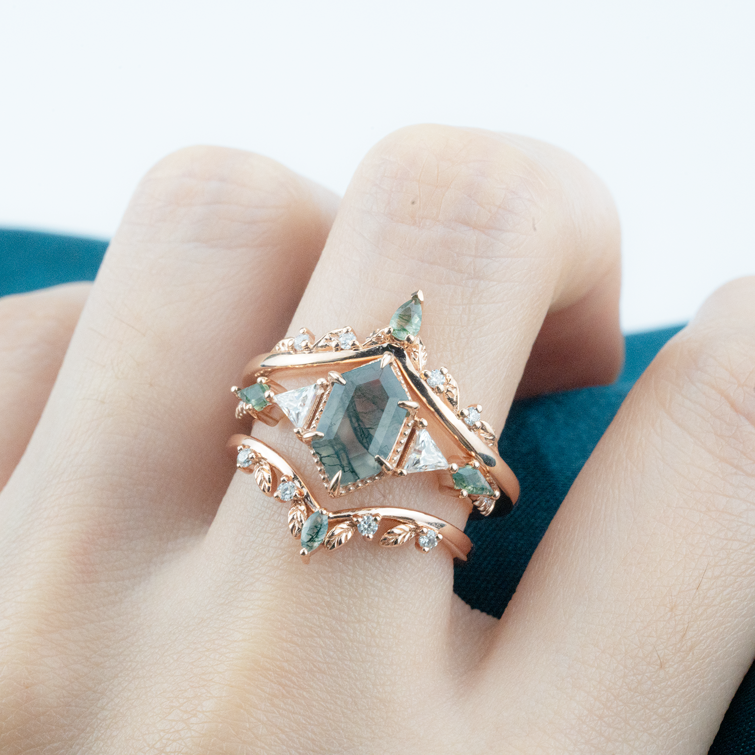Handcrafted Long hexagonal moss agate Ring Set, perfect as a statement piece