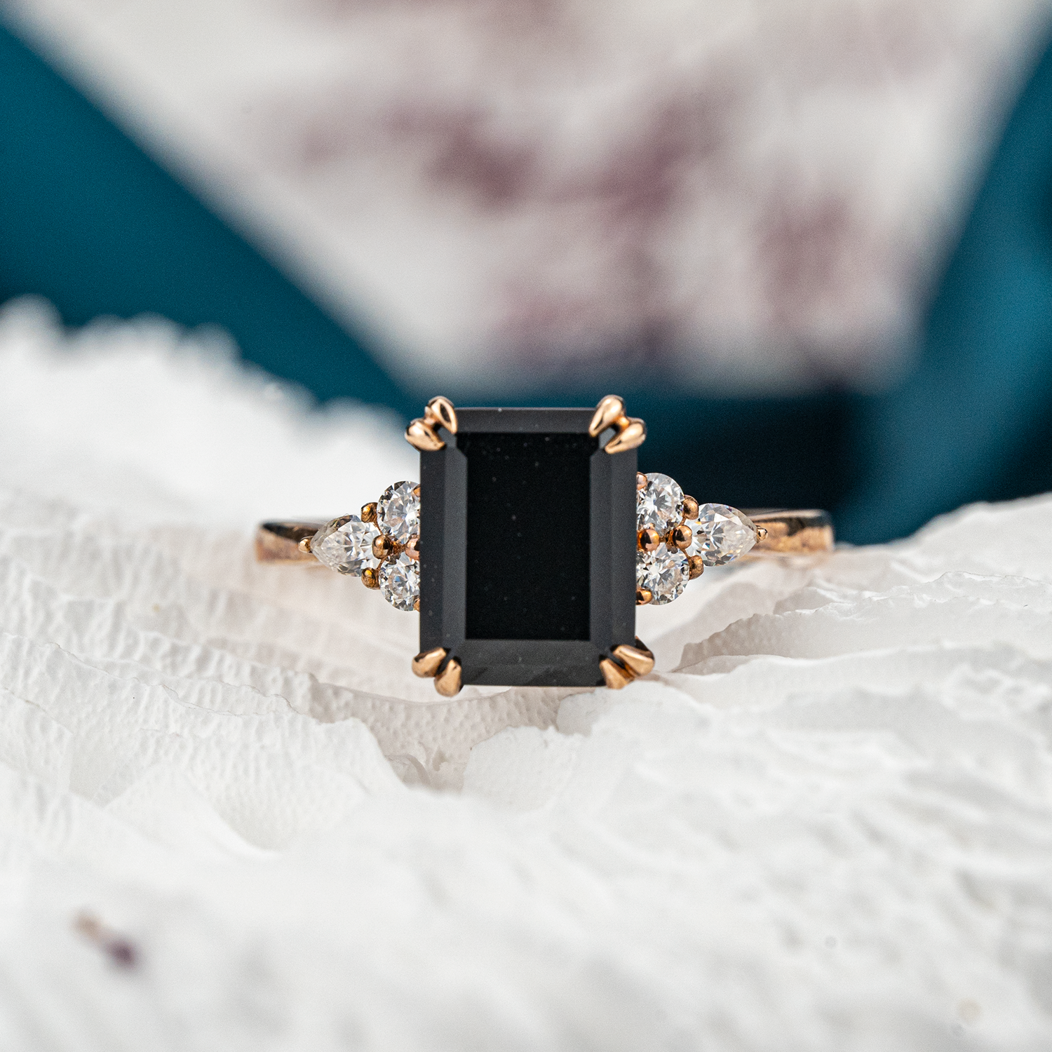 Classic Square Black Onyx Gold Engagement Ring With Diamond