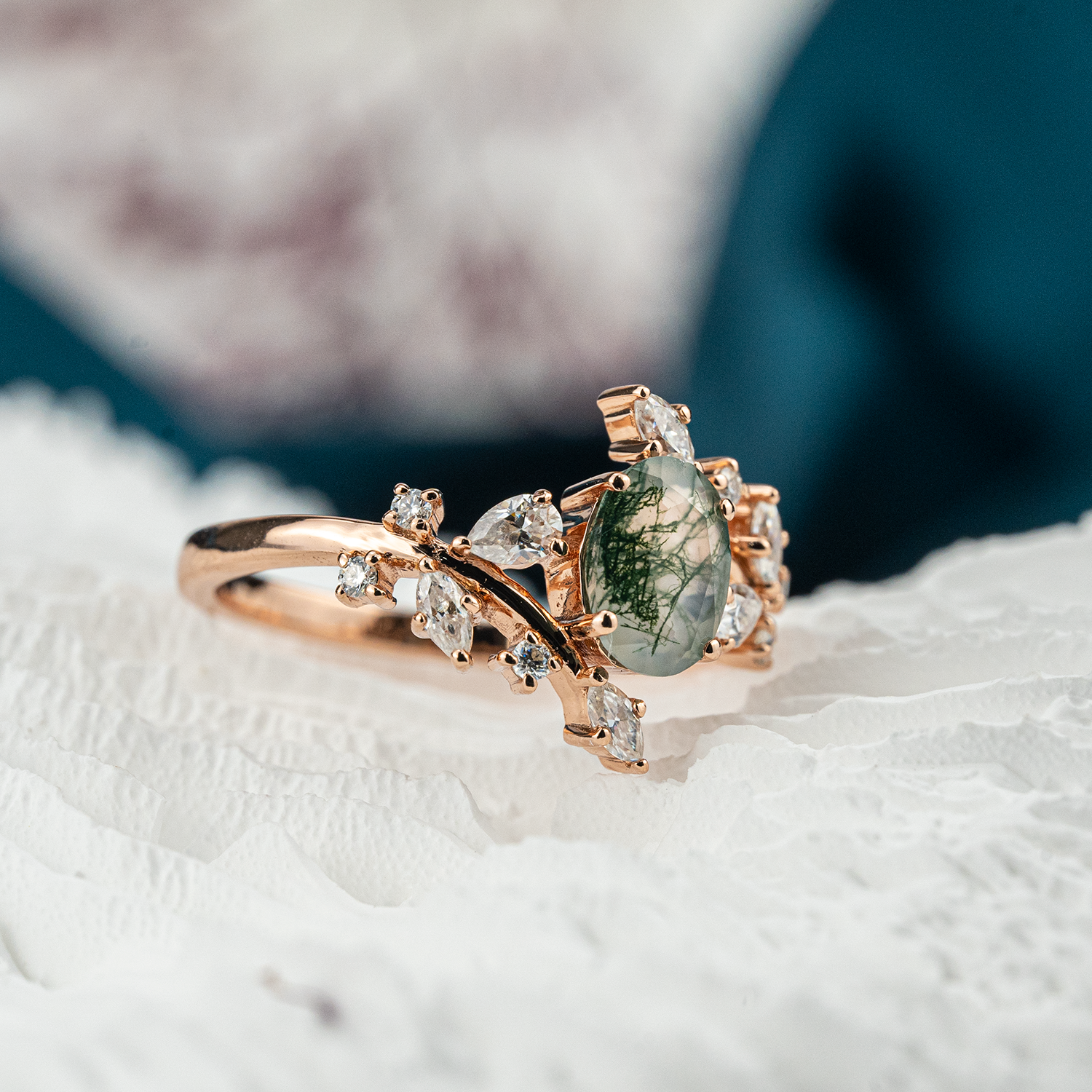 Oval Moss Agate Leaf Ring