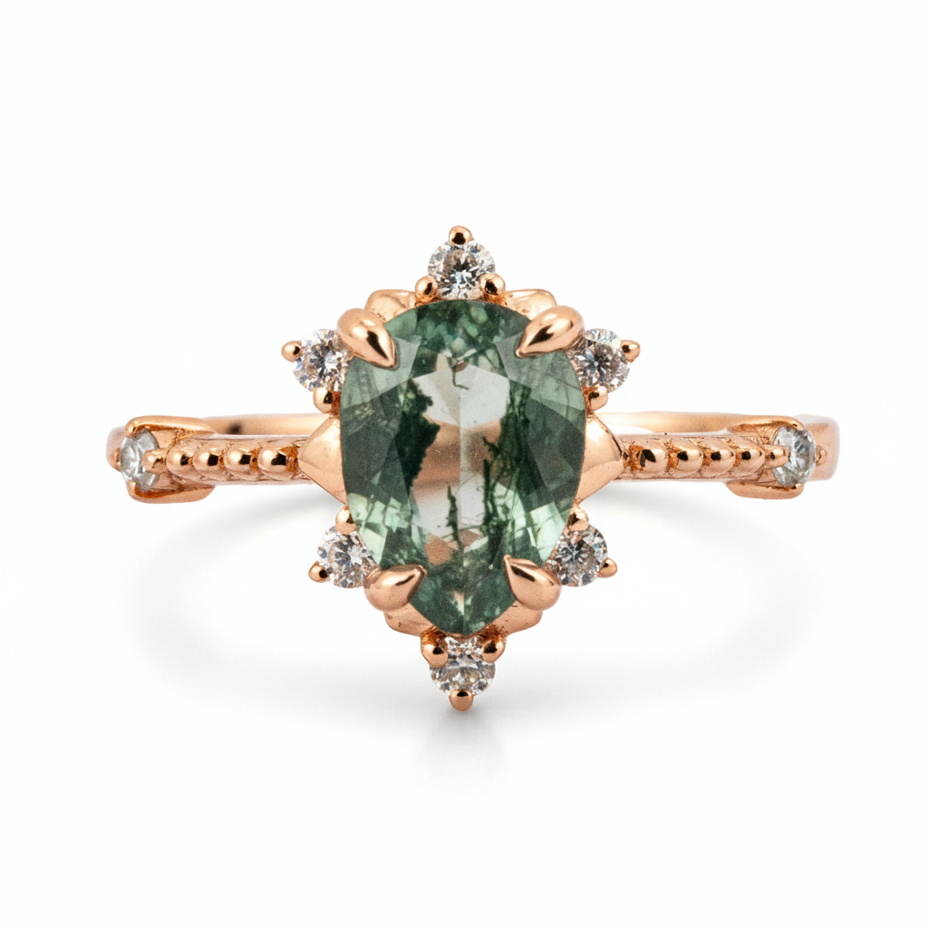 Unique Pear Moss Agate Engagement Ring - Elegant Gemstone Accessory