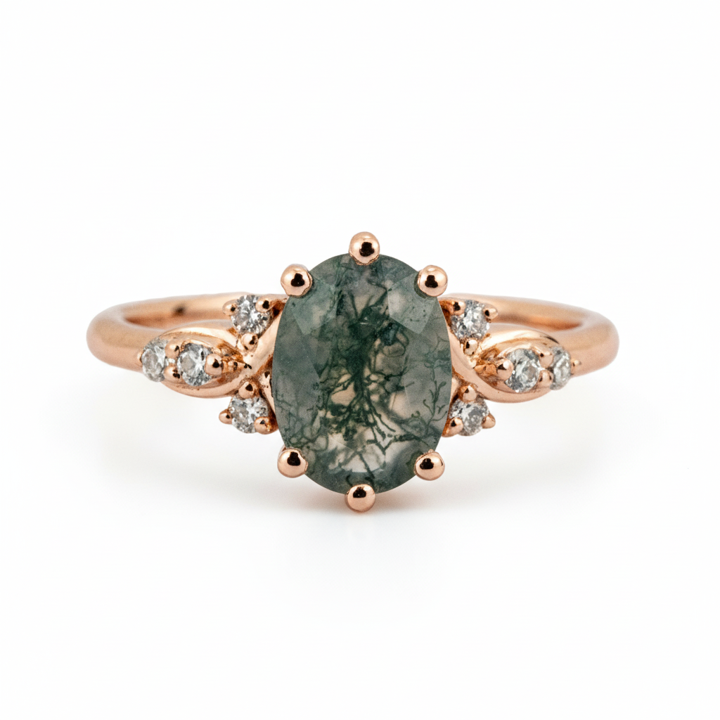 Front view of Oval Moss Agate Engagement Ring in Gold