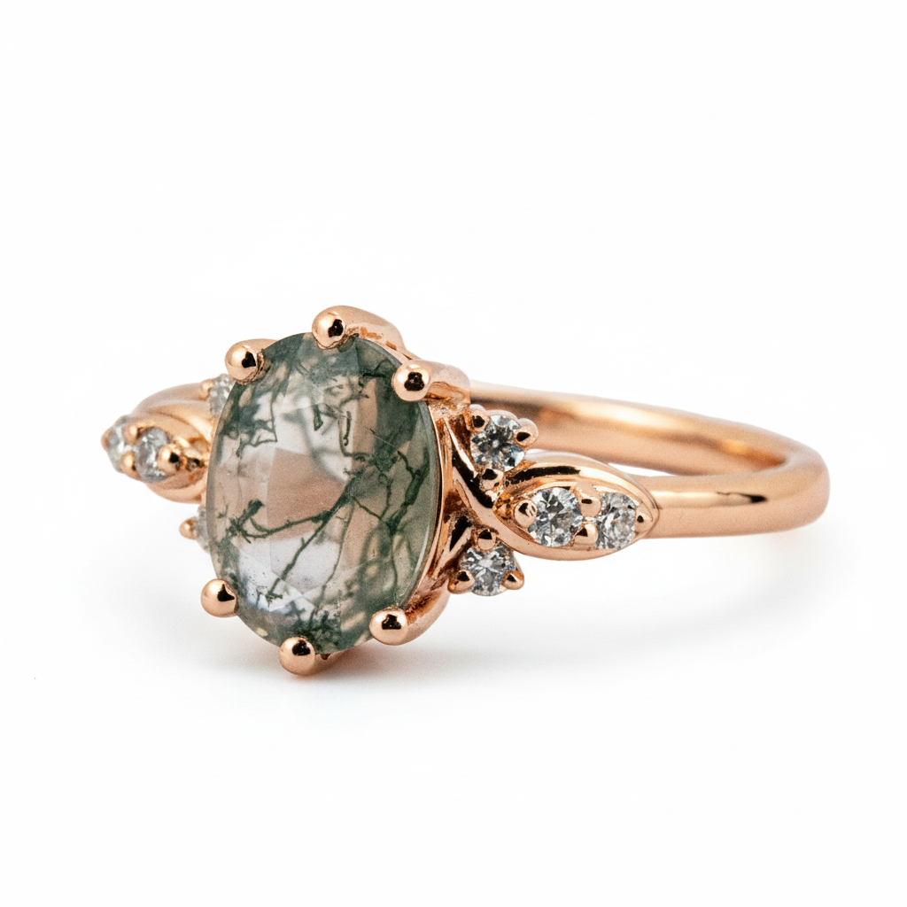 Product view of Oval Moss Agate Engagement Ring in Gold