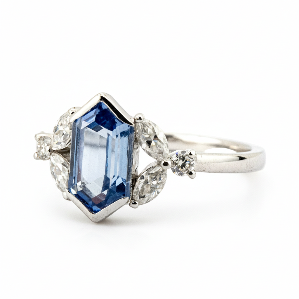 Product view of Long Hexagon Lab Sapphire Ring in Gold
