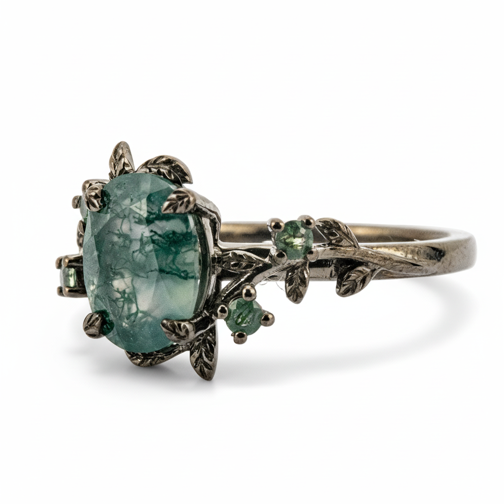 Product view of Oval Moss Agate Ring in Black Gold