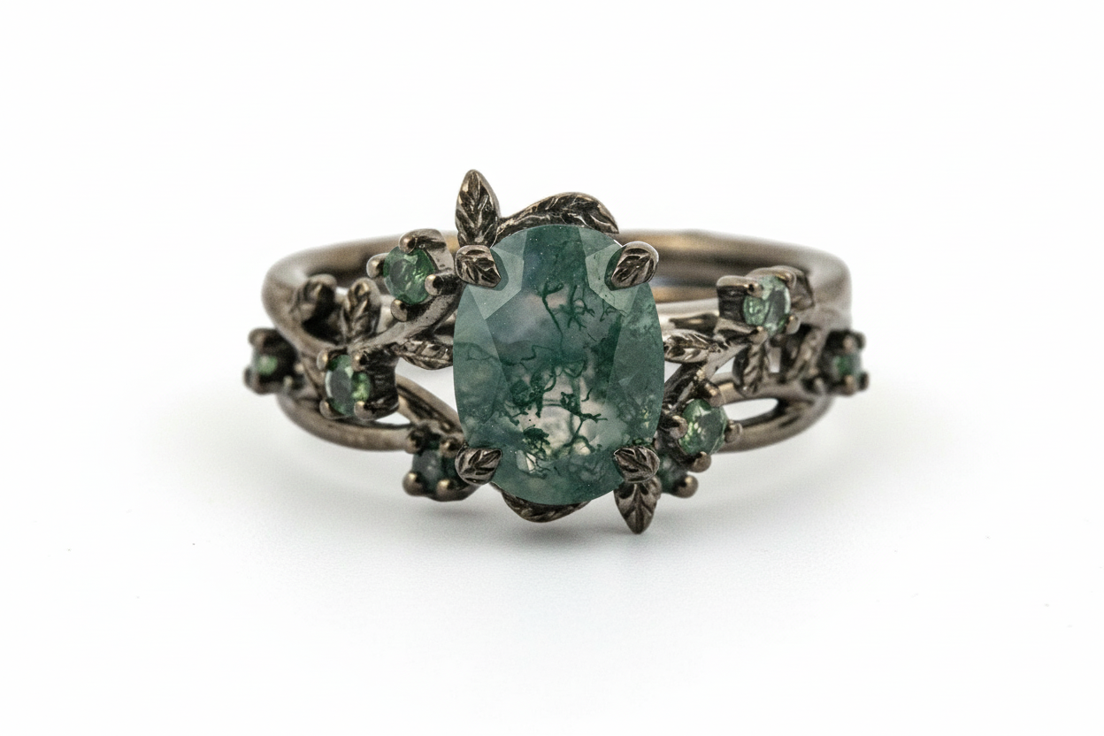 Oval Moss Agate Black Gold Ring Set, Nature Inspired Design