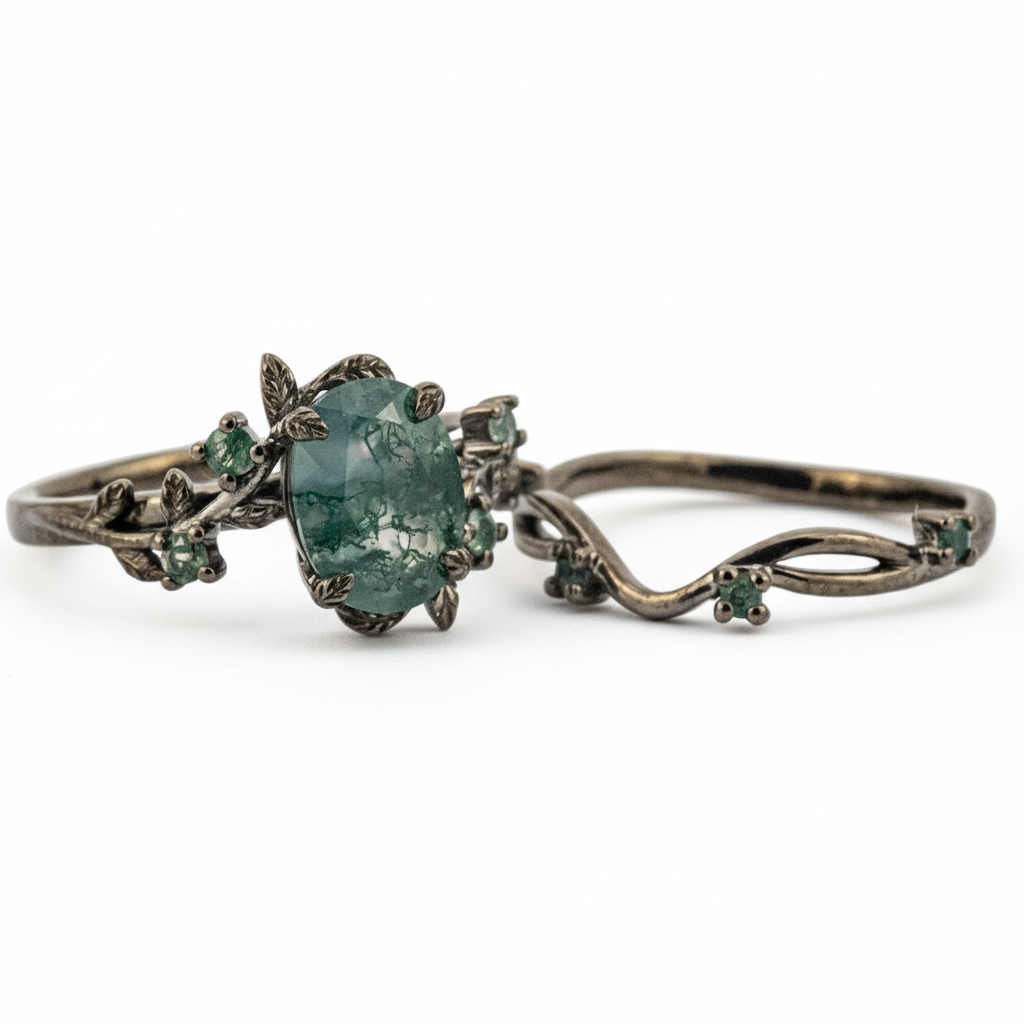 Product view of Oval Moss Agate Ring Set in Black Gold